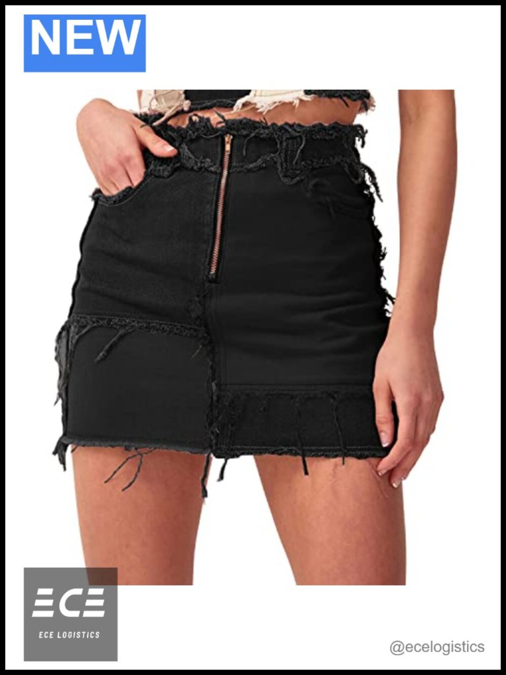 High Waist Color Block Patchwork Ripped Mini Denim Skirt Fringed Hem